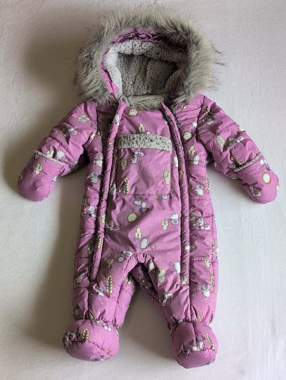 Deux par Deux Baby Girl Woodland Puffer Bunting Snowsuit Faux Fur Hood 9M